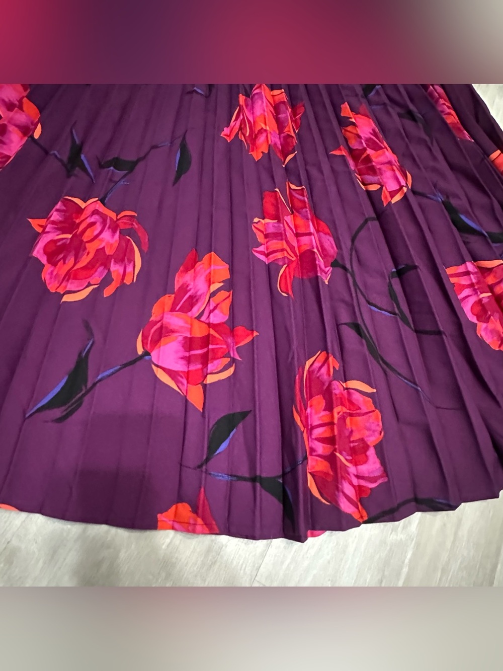 A New Day Purple Pink Orange Tropical Floral Pleated MIDI Skirt Sz M - Picture 5 of 8